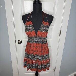 Farm Rio Halter Mini Dress Boho Hippie Print Red Blue Size Medium